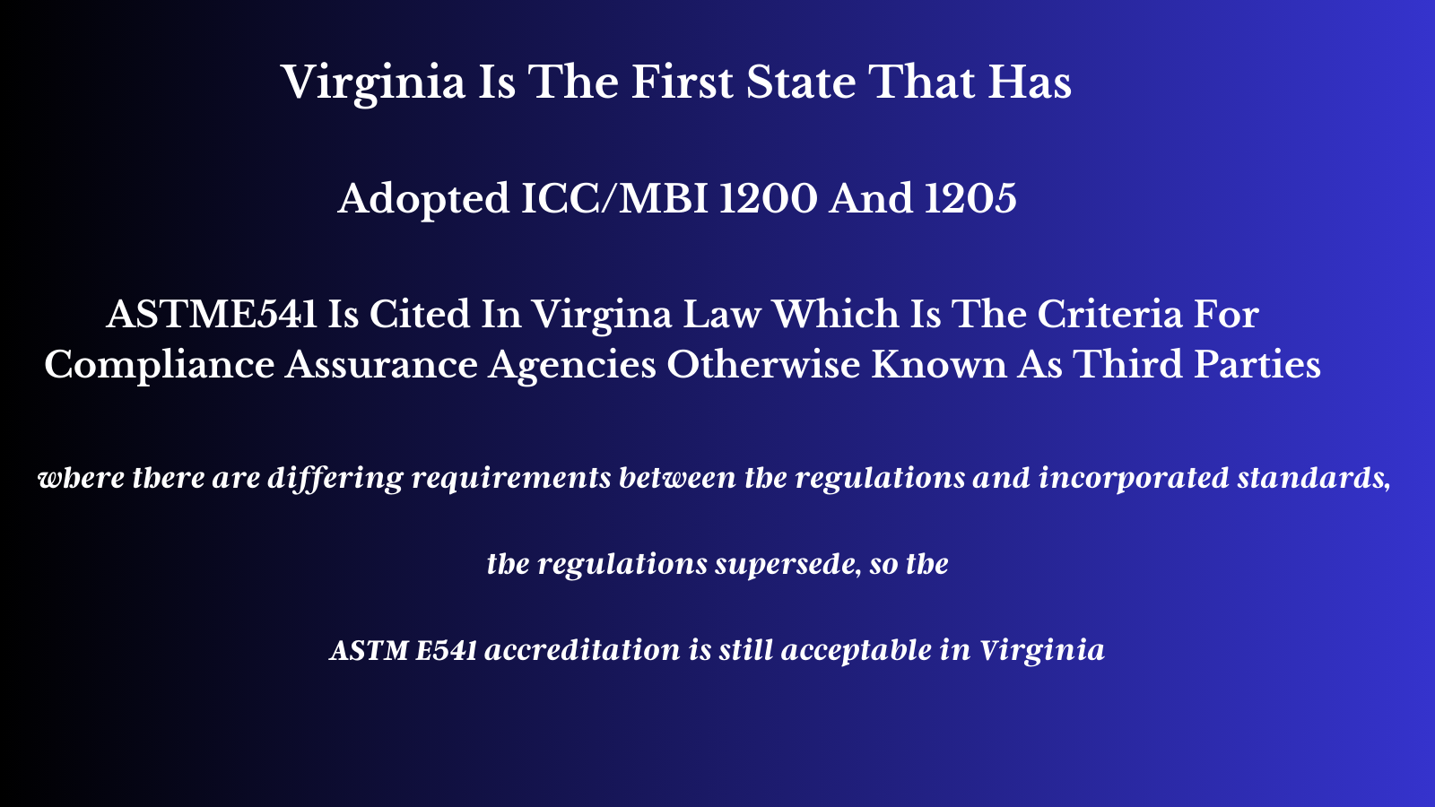 Virginia Adopts ICC/MBI 1200 And 1205 And ASTME541